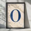 Letter O Celestial Poster, Navy Blue Gold Star Monogram Wall Art, Initial Print
