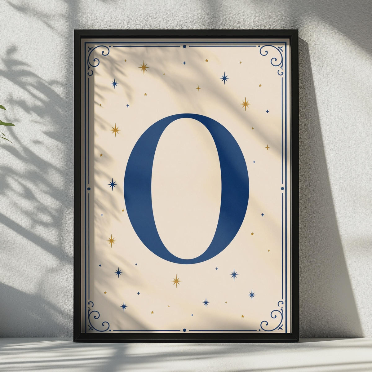 Letter O Celestial Poster, Navy Blue Gold Star Monogram Wall Art, Initial Print