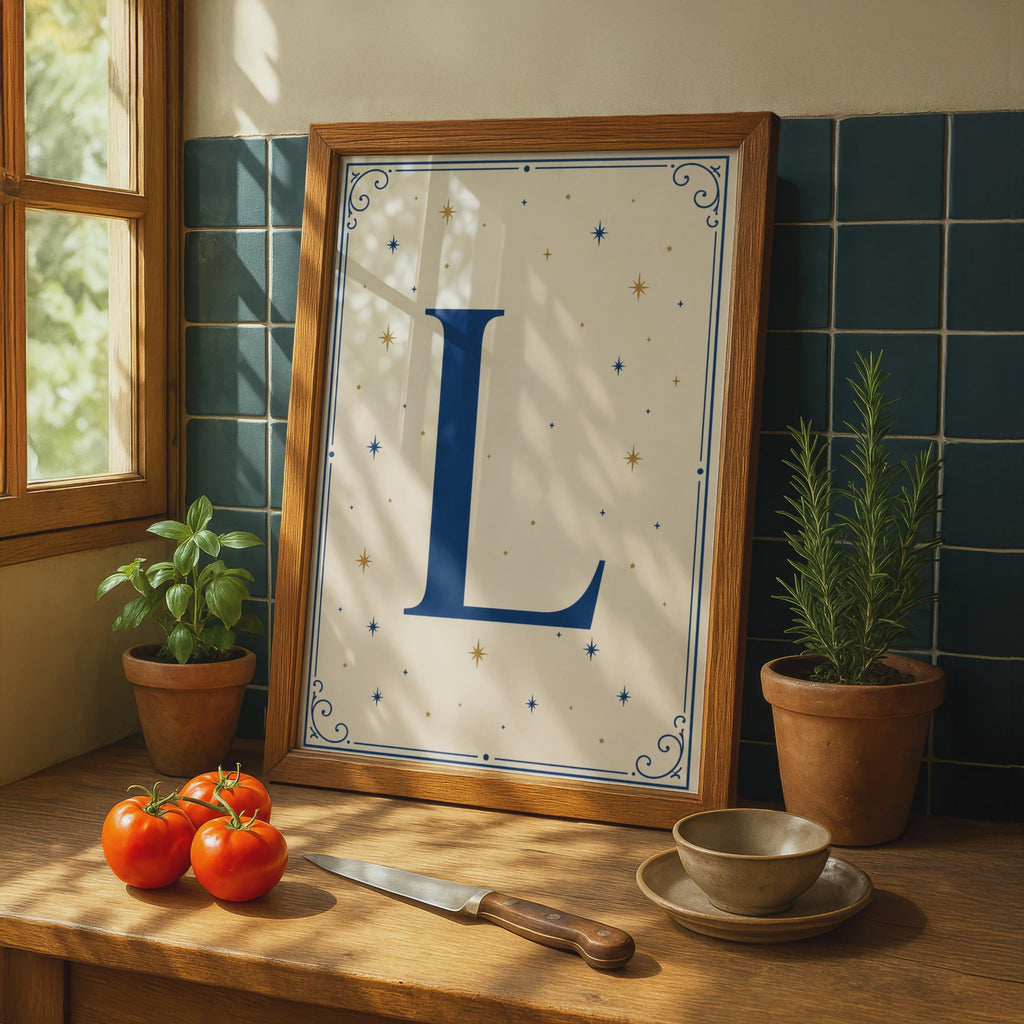 Letter L Poster, Navy Blue Gold Stars Monogram Initial, Celestial Alphabet Wall Art Gift