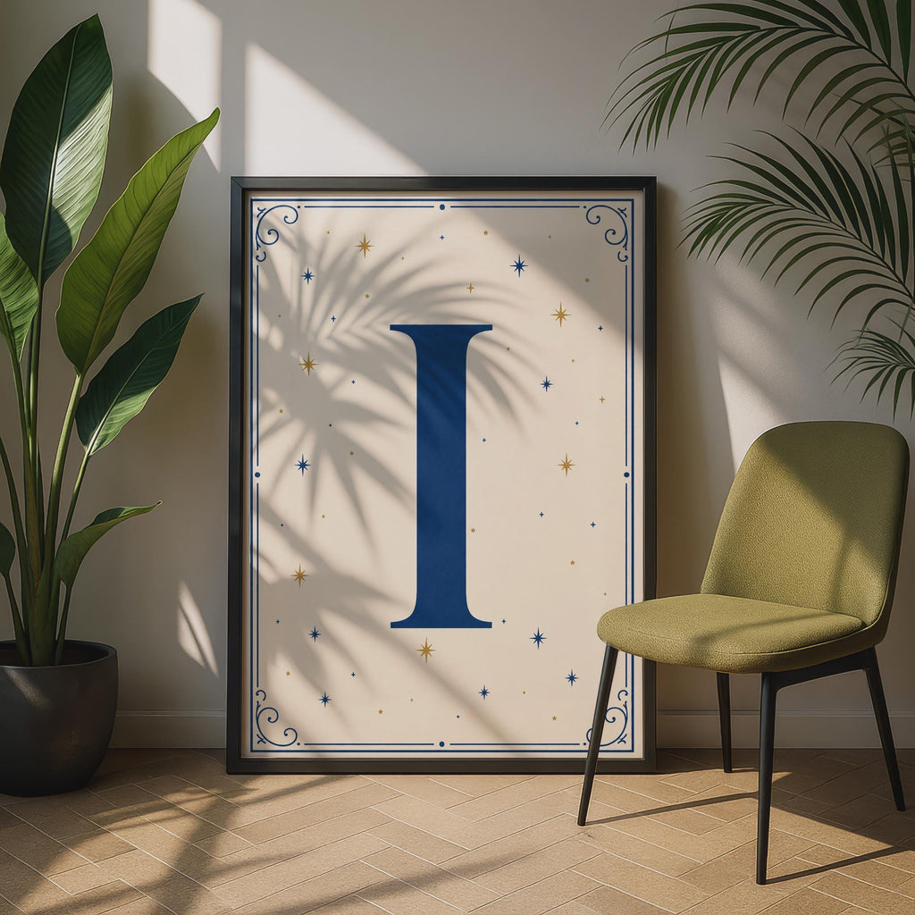 Letter I Celestial Monogram Poster, Navy Gold Stars Initial Wall Art, Personalised