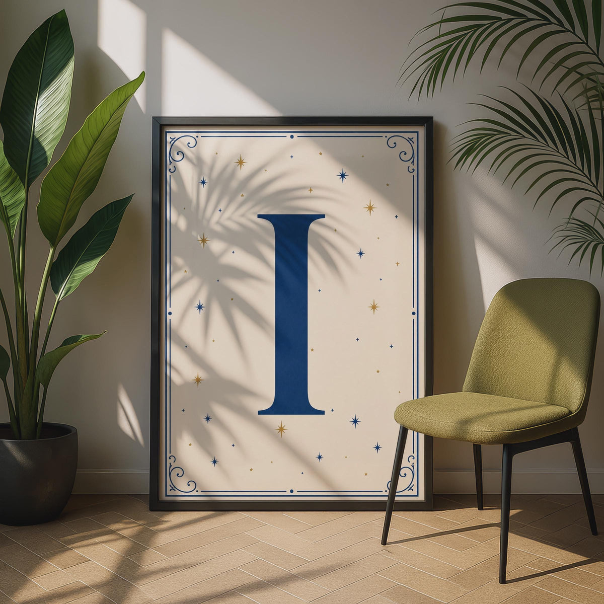 Letter I Celestial Monogram Poster, Navy Gold Stars Initial Wall Art, Personalised