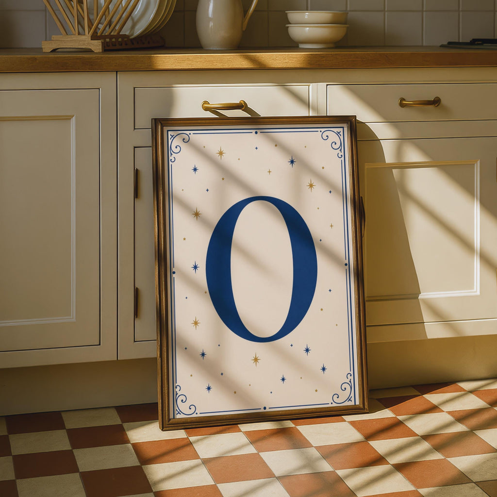Letter O Celestial Poster, Navy Blue Gold Star Monogram Wall Art, Initial Print