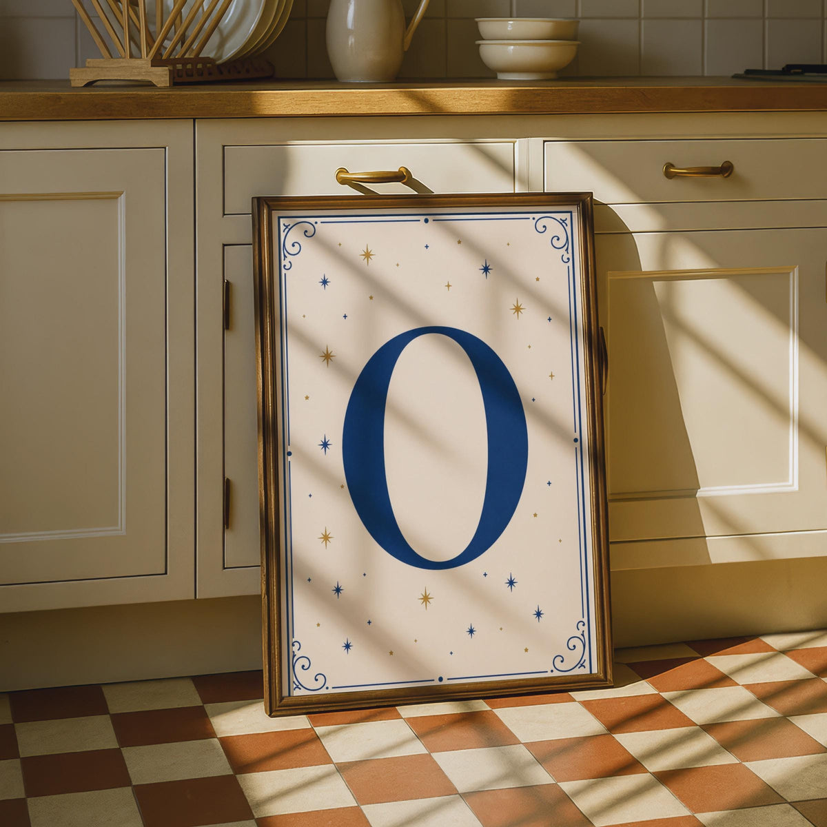 Letter O Celestial Poster, Navy Blue Gold Star Monogram Wall Art, Initial Print