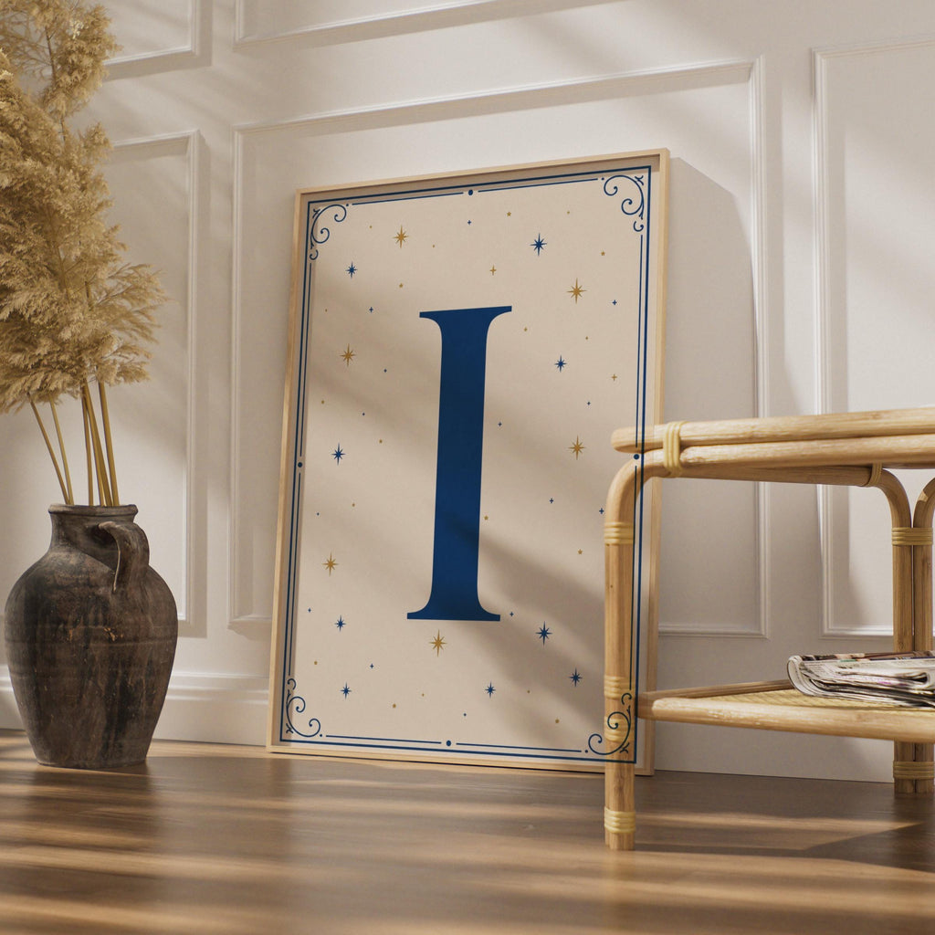 Letter I Celestial Monogram Poster, Navy Gold Stars Initial Wall Art, Personalised