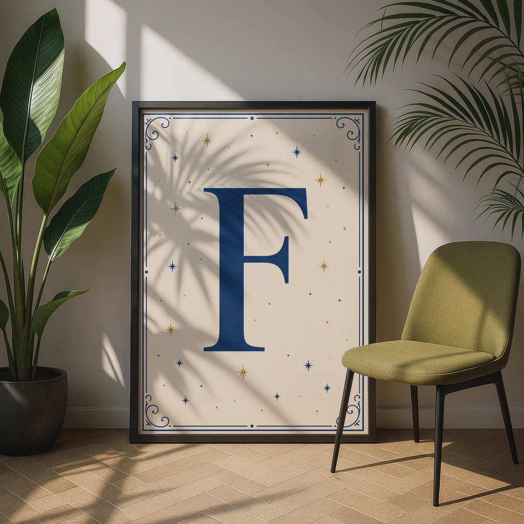 Letter F Poster, Navy Blue Gold Star Monogram Wall Art, Celestial Initial Print