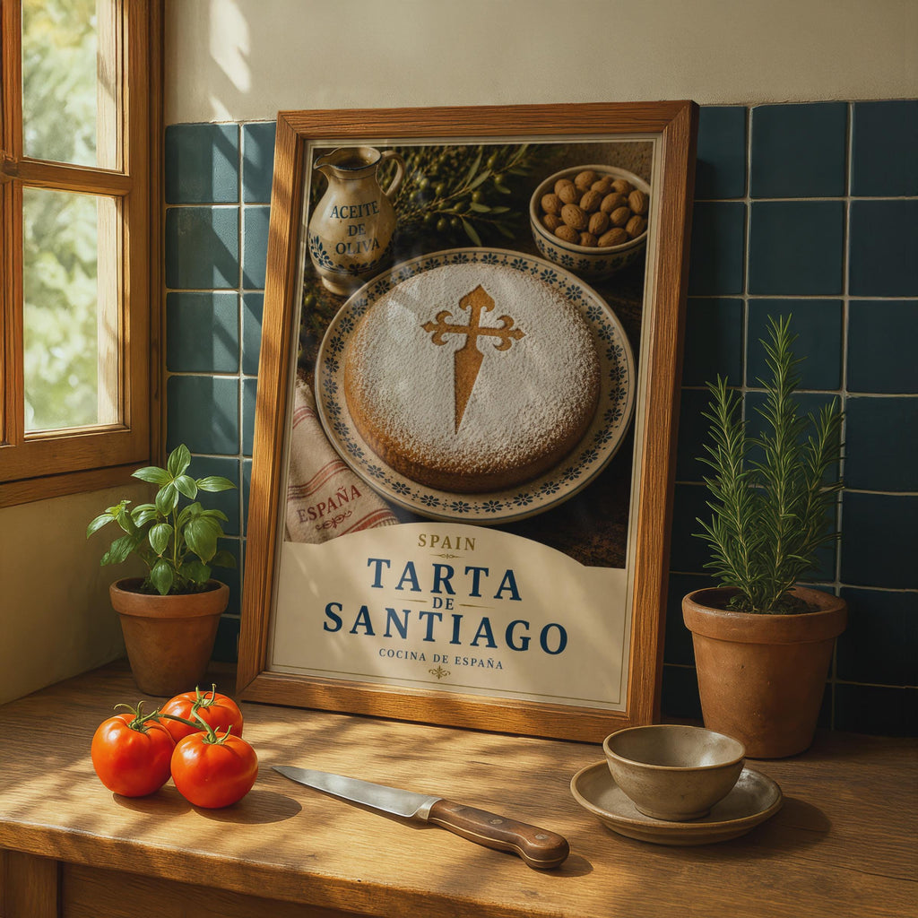 Tarta de Santiago Spanish Almond Cake Poster, Spain Food Wall Art, Kitchen Decor