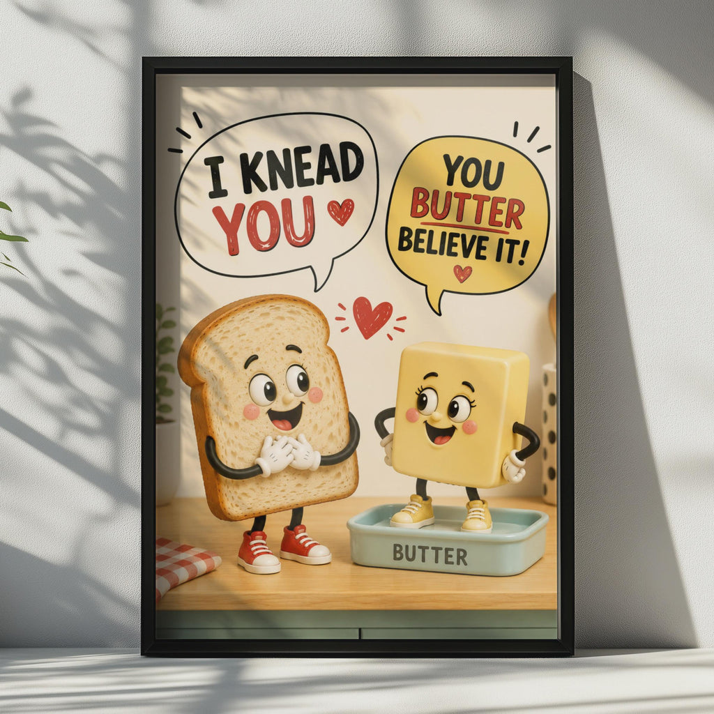 Funny Bread Butter Pun Poster, I Knead You Kitchen Wall Art, Retro Food Cartoon