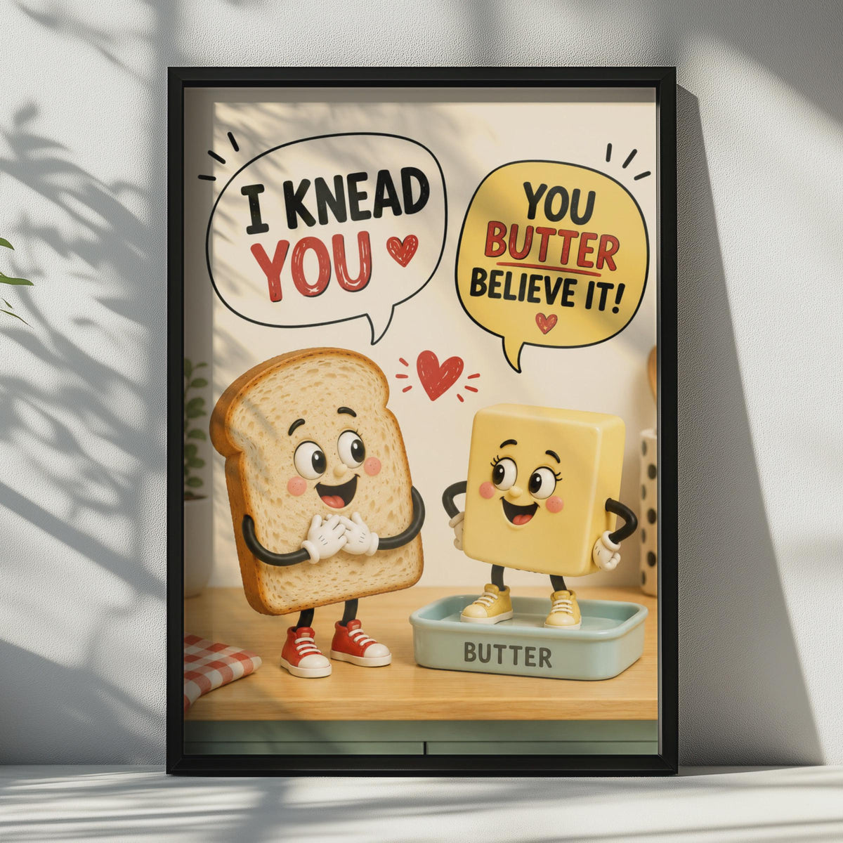 Funny Bread Butter Pun Poster, I Knead You Kitchen Wall Art, Retro Food Cartoon