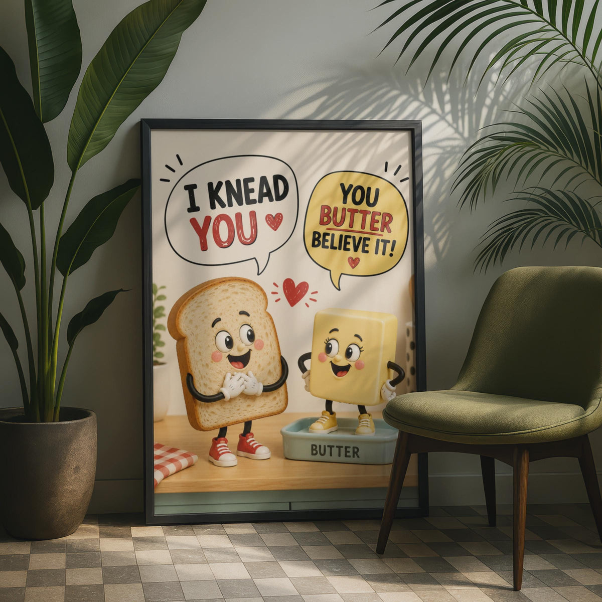 Funny Bread Butter Pun Poster, I Knead You Kitchen Wall Art, Retro Food Cartoon