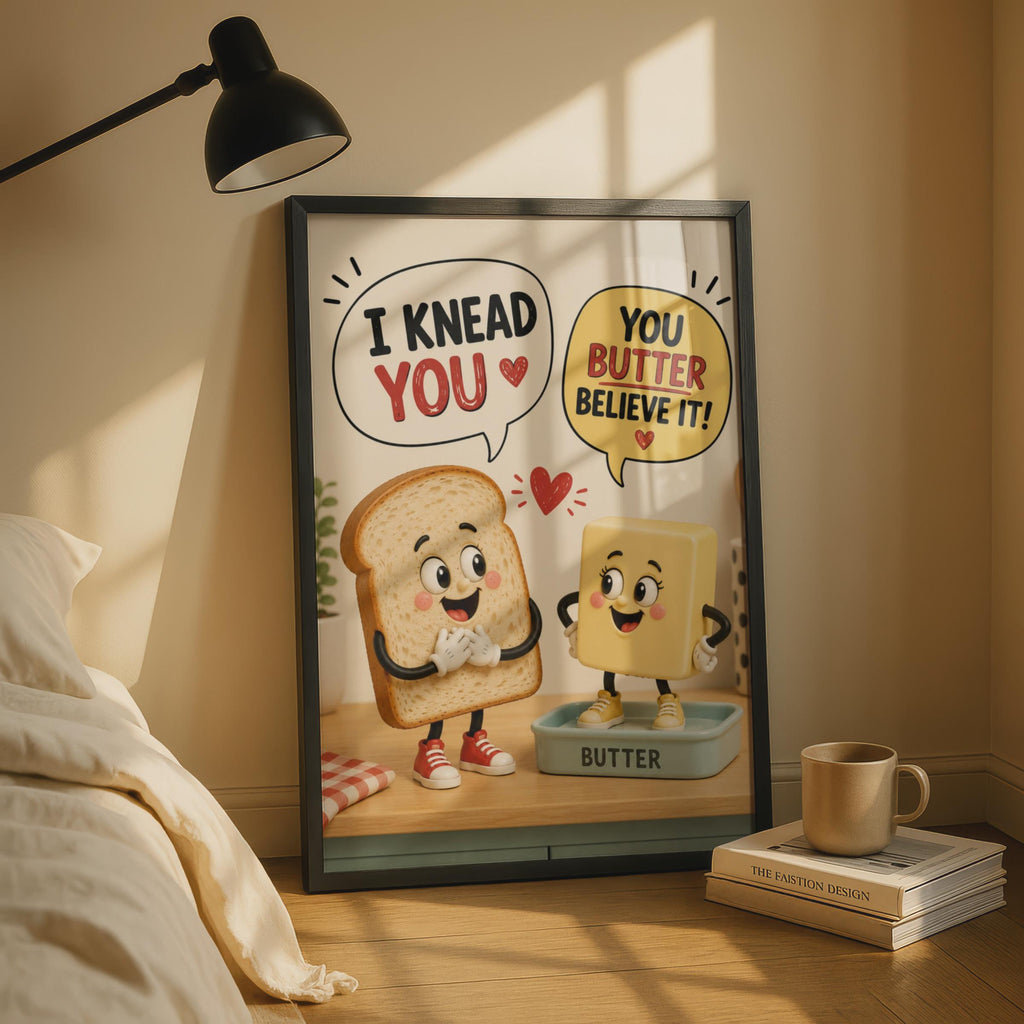 Funny Bread Butter Pun Poster, I Knead You Kitchen Wall Art, Retro Food Cartoon