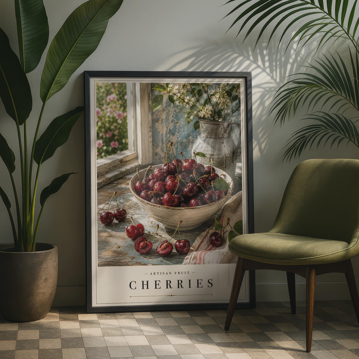 Cherry Still Life Poster, Rustic Farmhouse Kitchen Wall Art, Fruit Bowl Print, Cottage