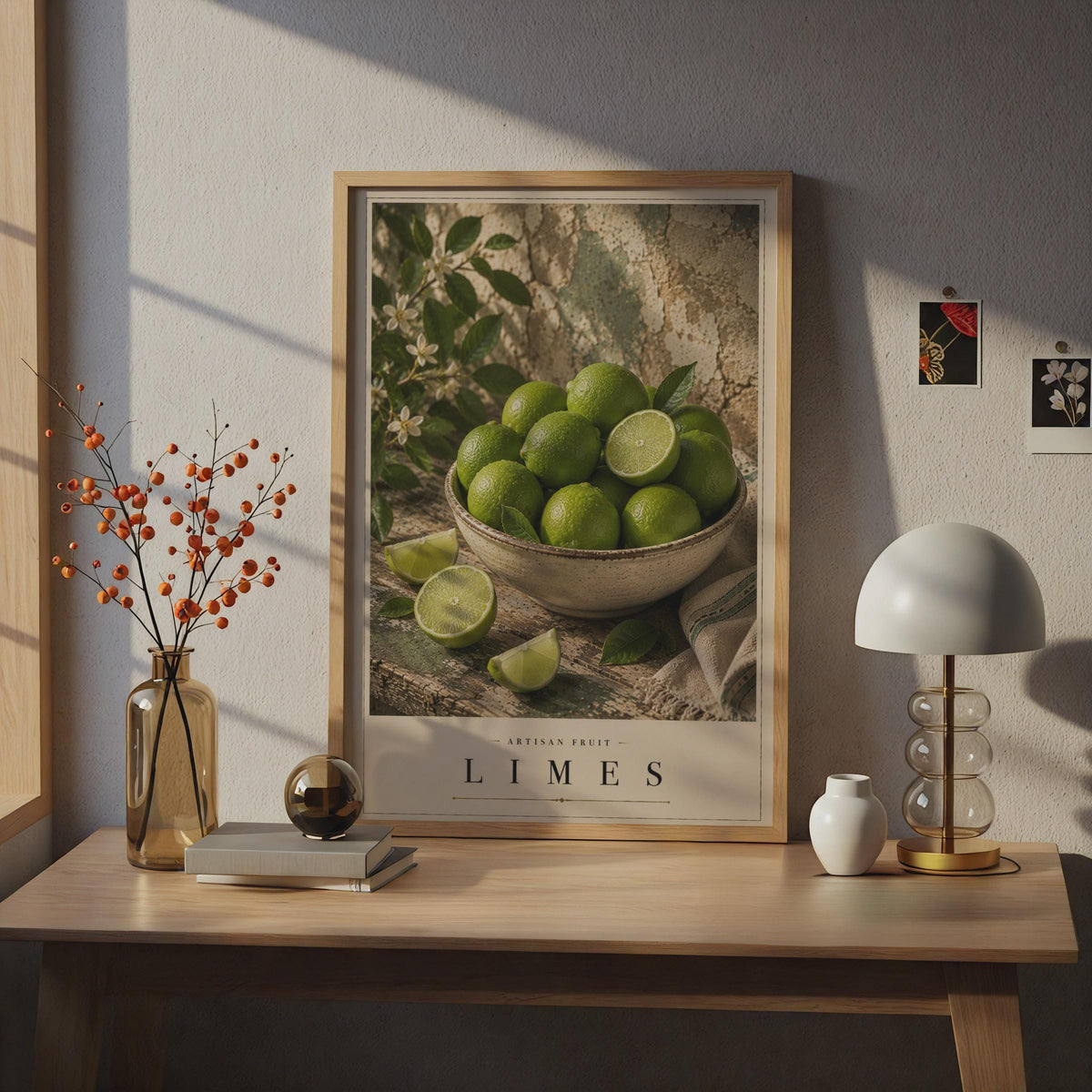 Limes Fruit Bowl Poster, Artisan Still Life Kitchen Wall Art, Green Citrus Print