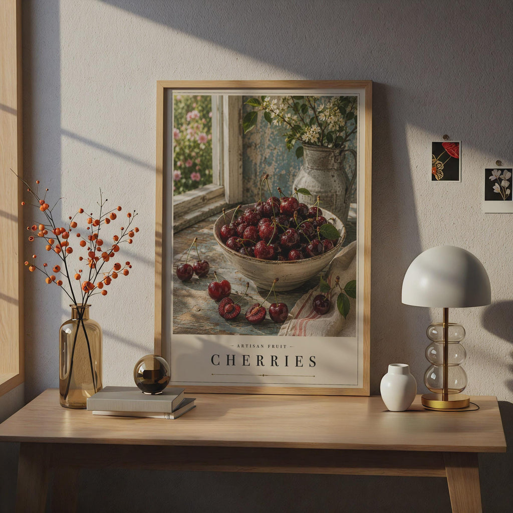 Cherry Still Life Poster, Rustic Farmhouse Kitchen Wall Art, Fruit Bowl Print, Cottage