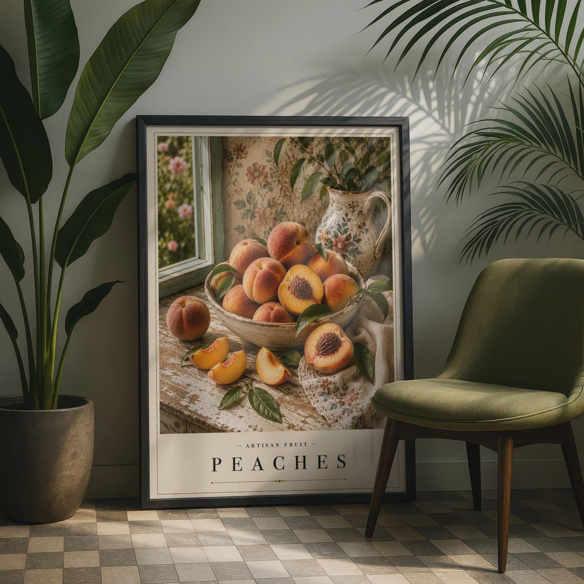 Peaches Still Life Poster, Vintage Fruit Kitchen Wall Art, Cottagecore Botanical Print, Warm Tones