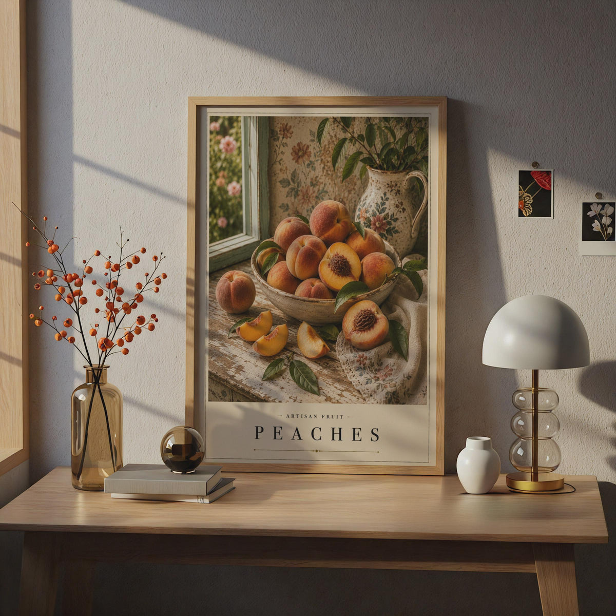 Peaches Still Life Poster, Vintage Fruit Kitchen Wall Art, Cottagecore Botanical Print, Warm Tones