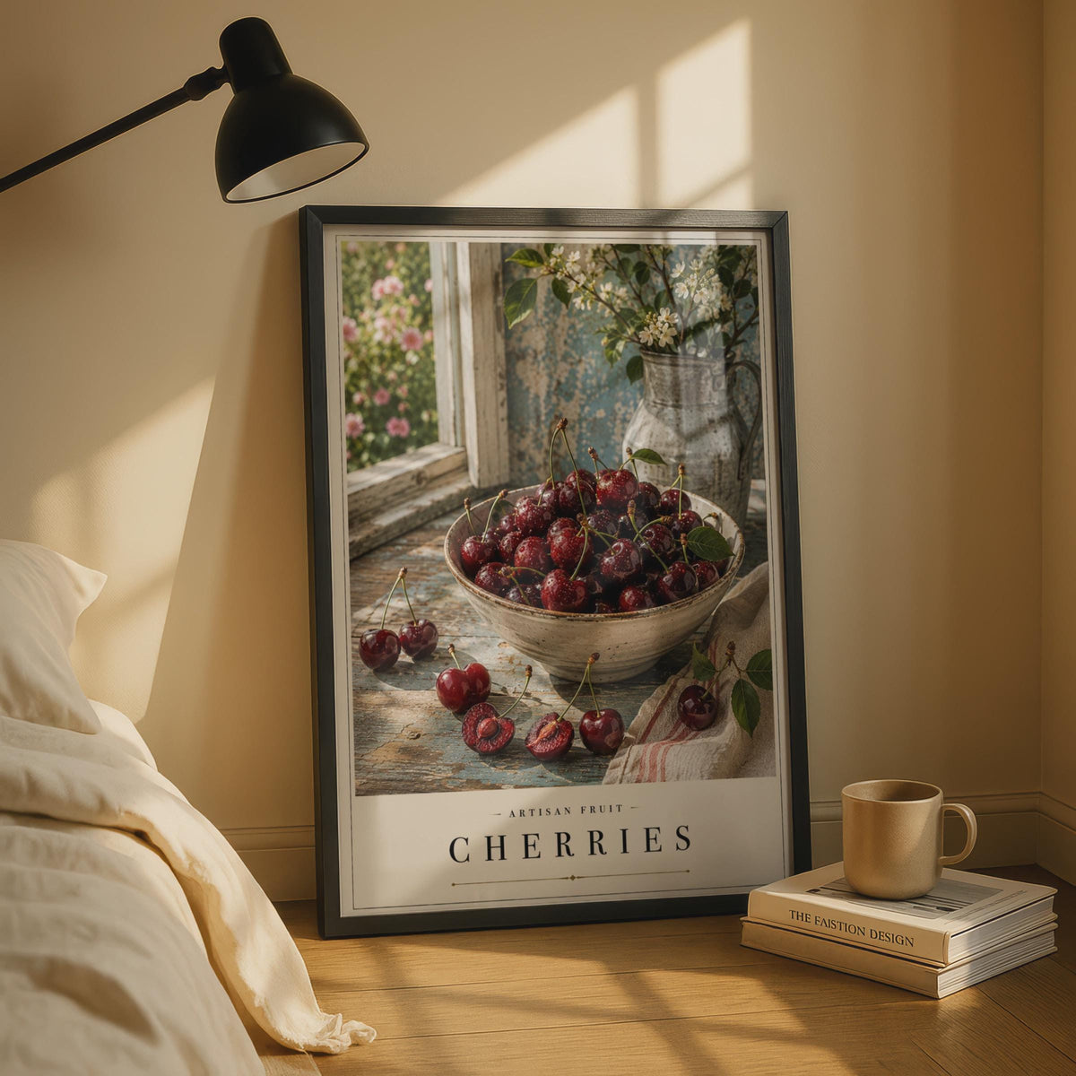 Cherry Still Life Poster, Rustic Farmhouse Kitchen Wall Art, Fruit Bowl Print, Cottage