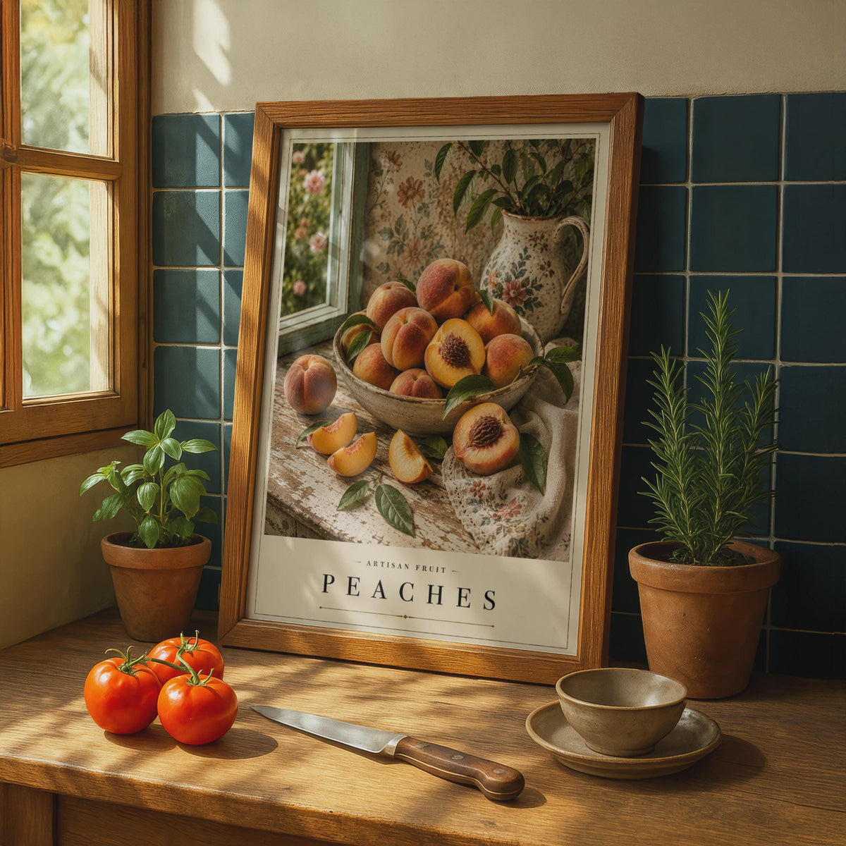 Peaches Still Life Poster, Vintage Fruit Kitchen Wall Art, Cottagecore Botanical Print, Warm Tones