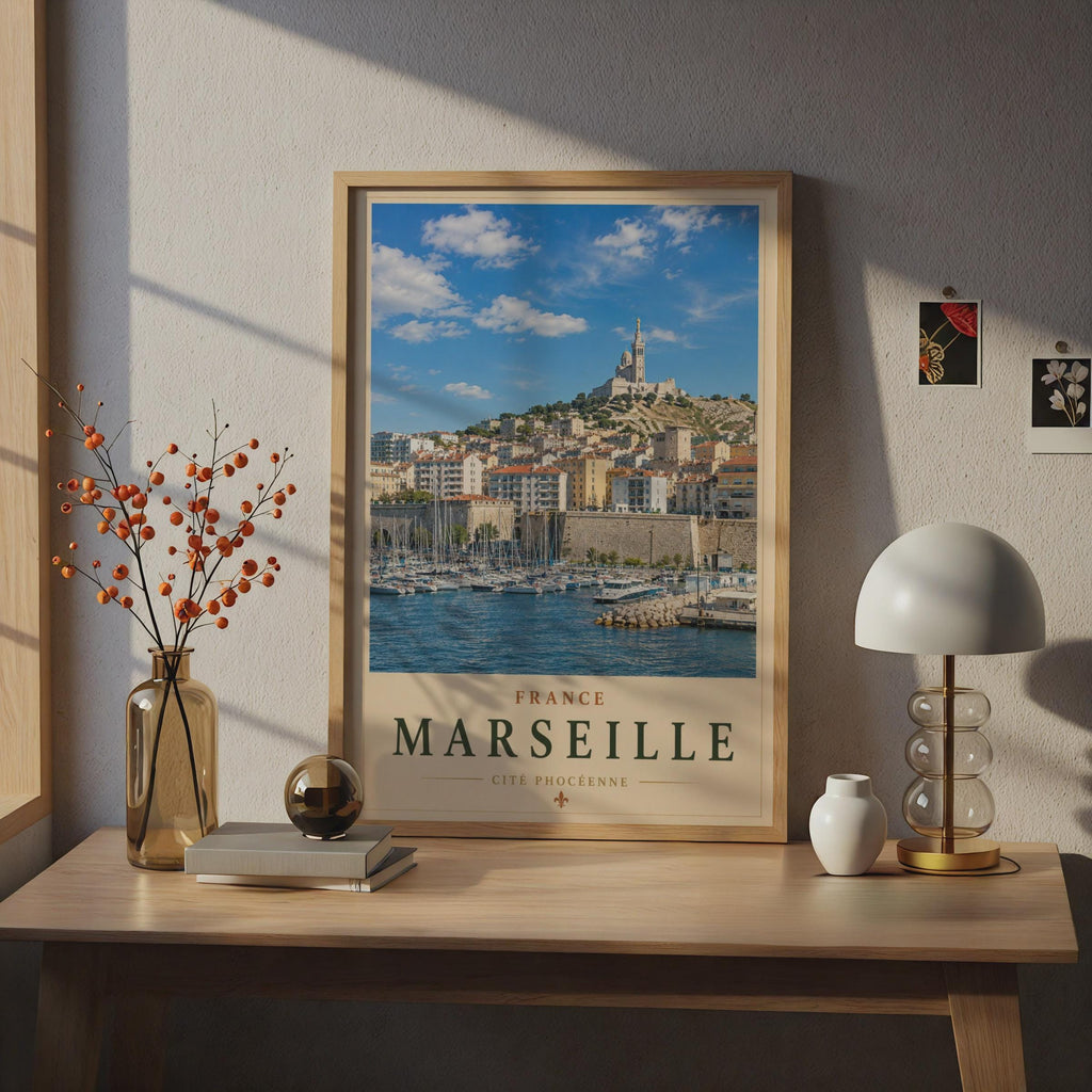 Marseille Vieux-Port Travel Poster, Notre Dame de la Garde Wall Art, Vintage France Print