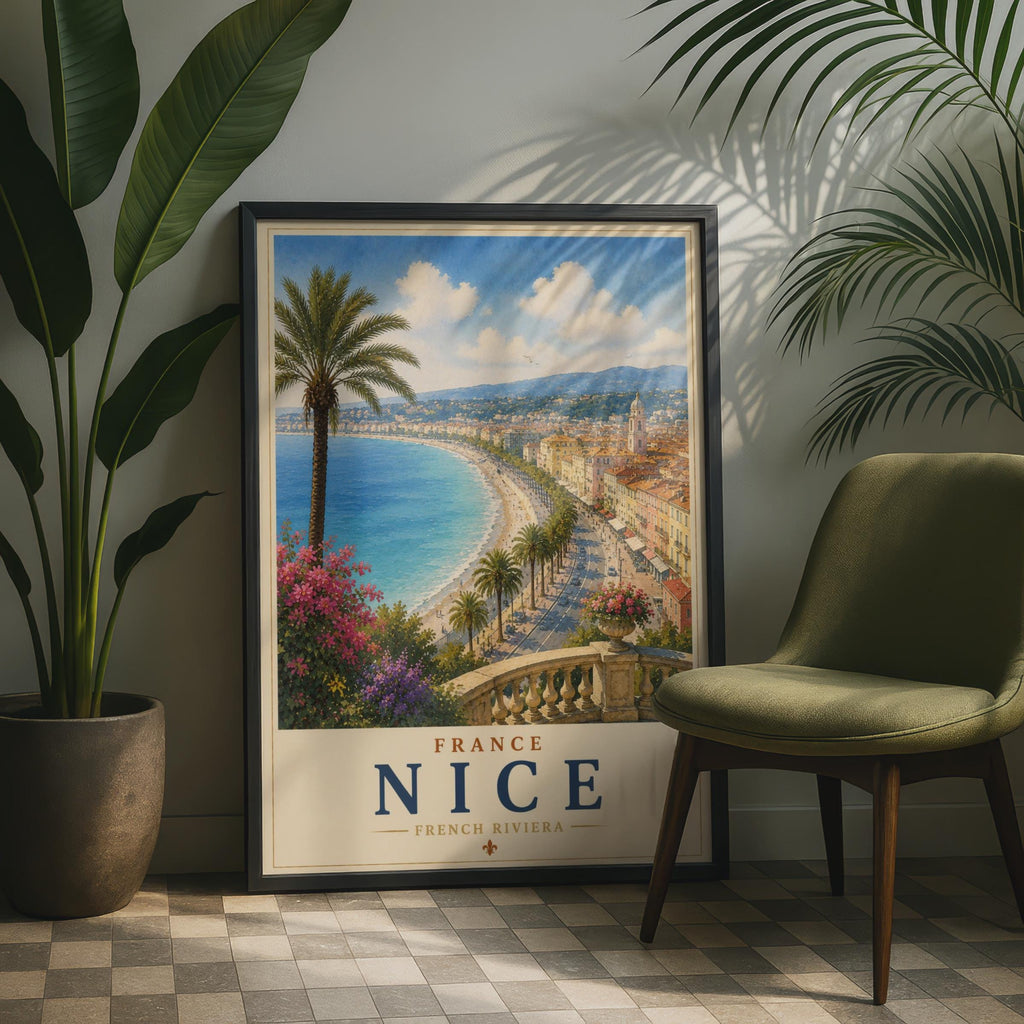Nice France Poster, French Riviera Travel Wall Art, Promenade des Anglais, Cote d'Azur Print