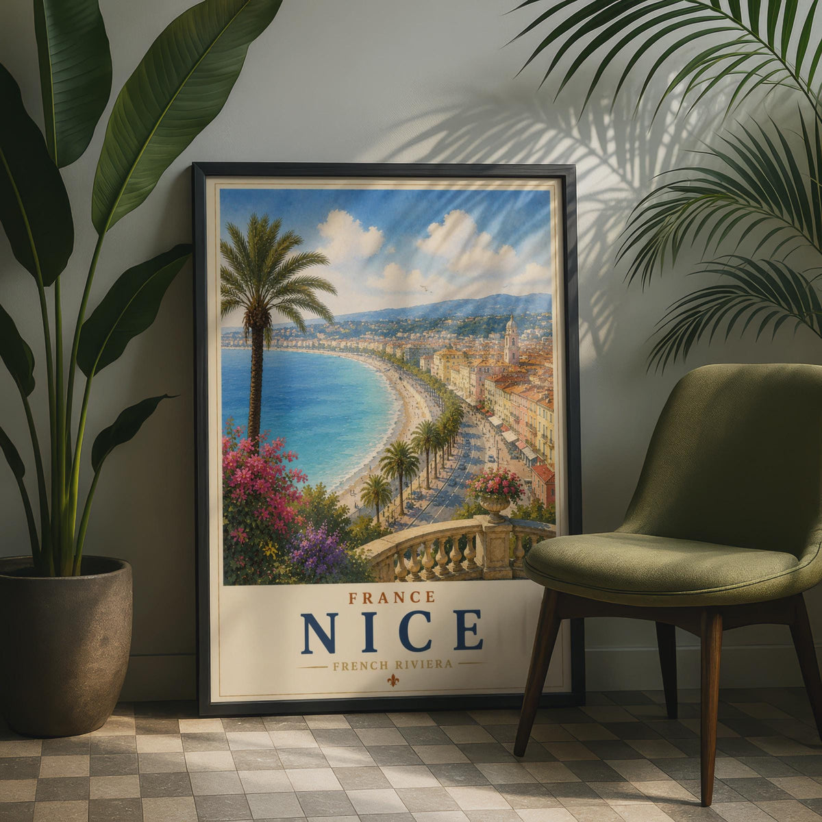 Nice France Poster, French Riviera Travel Wall Art, Promenade des Anglais, Cote d'Azur Print