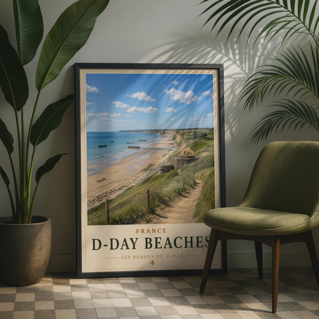 D-Day Beaches Normandy France Travel Poster, WWII Wall Art, Vintage Coastal Print