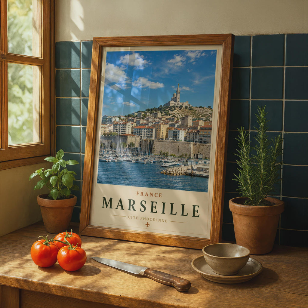 Marseille Vieux-Port Travel Poster, Notre Dame de la Garde Wall Art, Vintage France Print