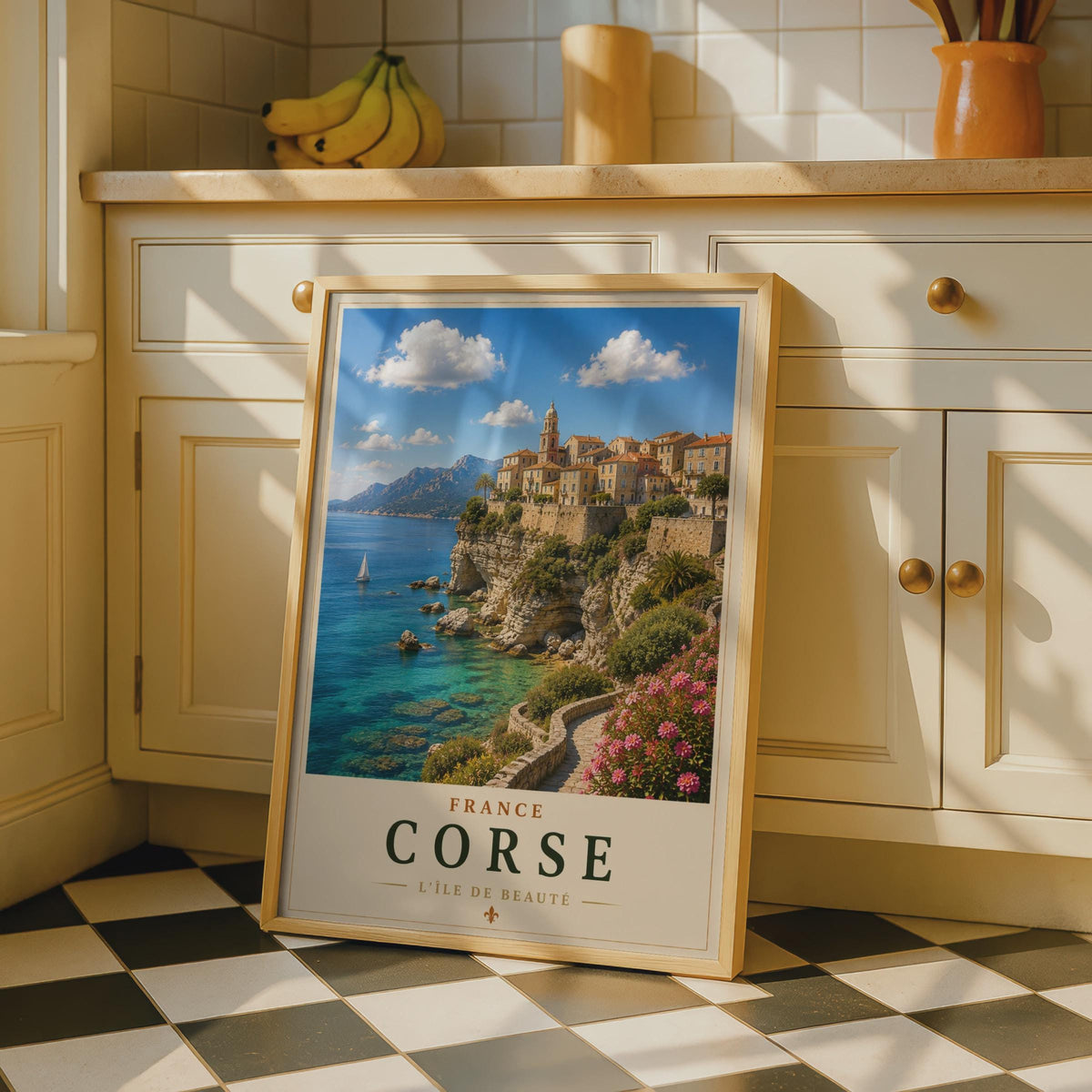 Corsica Travel Poster, France Corse Cliffside Town, Mediterranean Wall Art Print