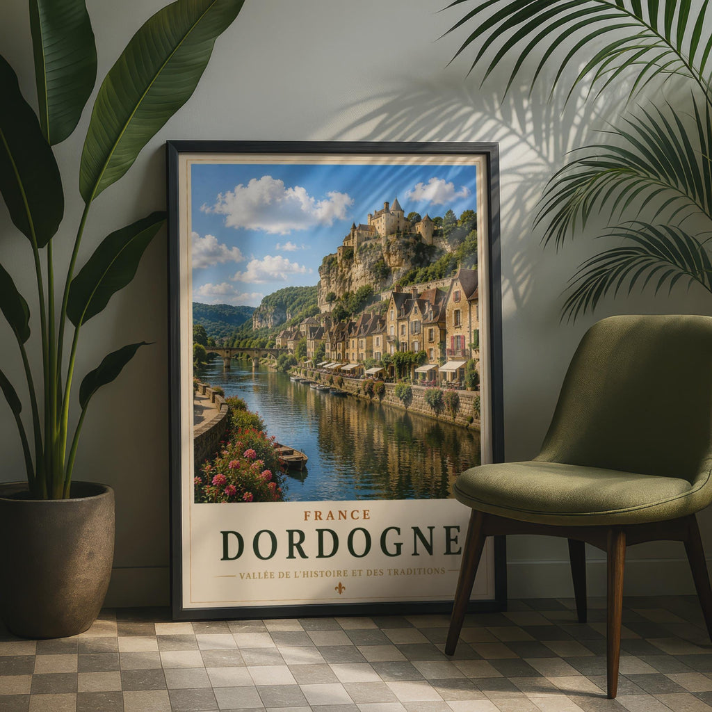 Dordogne France Travel Poster, French River Village Castle Wall Art Print