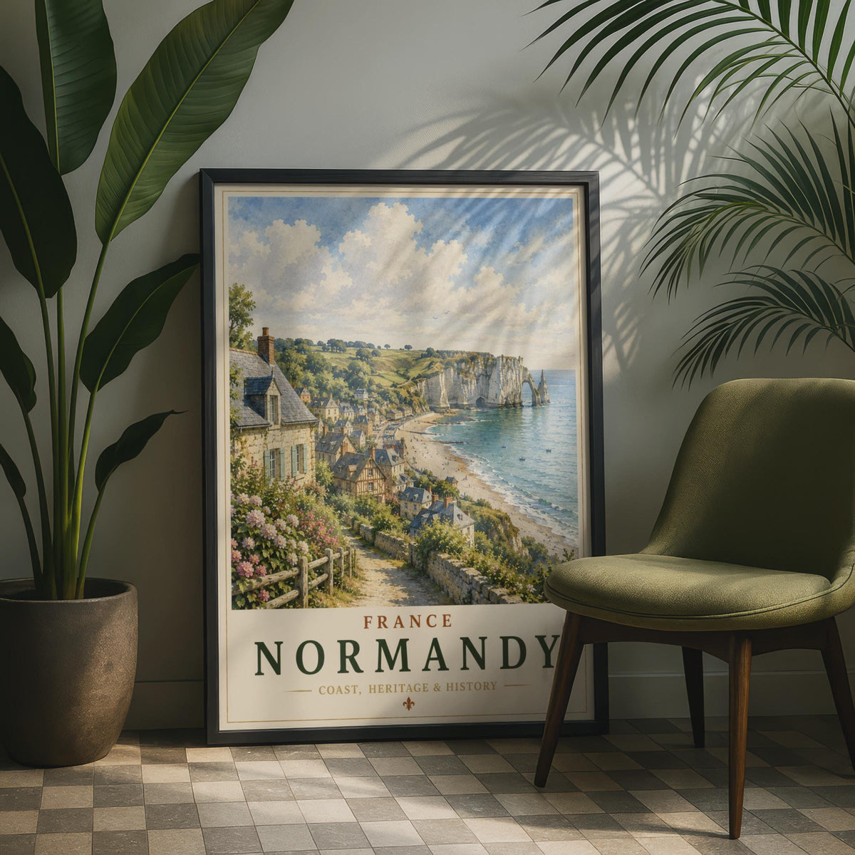 Normandy France Travel Poster, Vintage Coastal Wall Art, Etretat Cliffs, French Gift