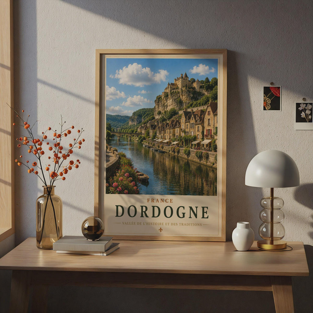 Dordogne France Travel Poster, French River Village Castle Wall Art Print