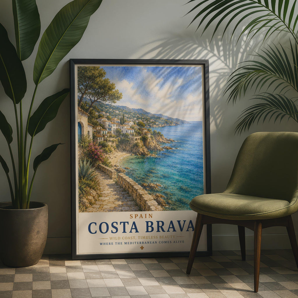 Costa Brava Spain Travel Poster, Mediterranean Coastal Wall Art, Vintage Style Print