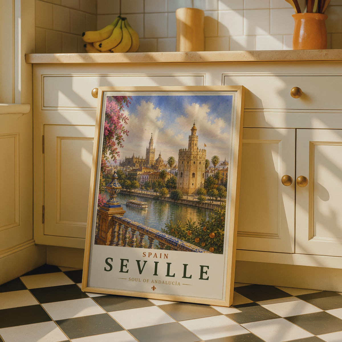 Seville Spain Travel Poster, Andalucia Wall Art, Torre del Oro, Vintage Style