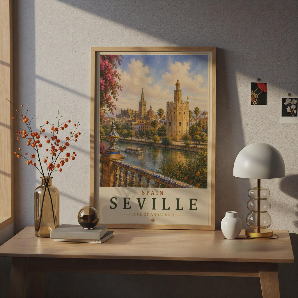 Seville Spain Travel Poster, Andalucia Wall Art, Torre del Oro, Vintage Style