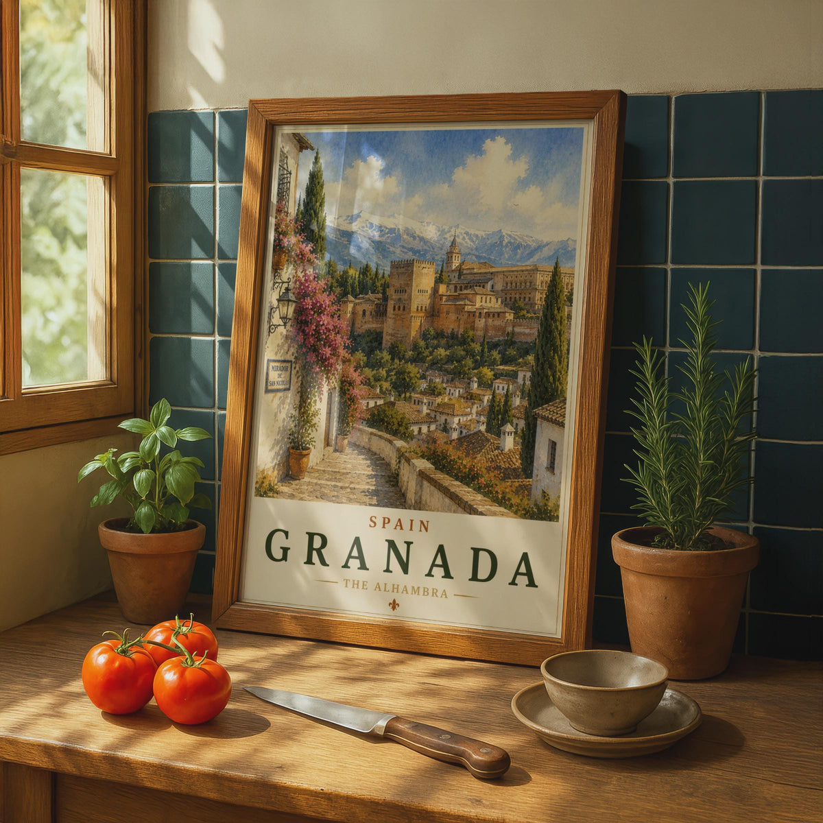 Granada Alhambra Spain Travel Poster, Mirador San Nicolas Watercolour Wall Art