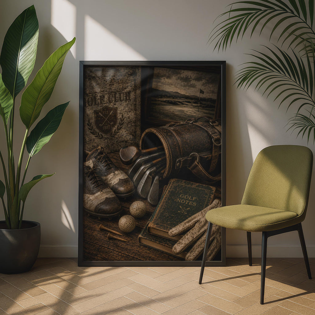 Vintage Golf Poster, Retro Golf Club Still Life Wall Art, Brown Sepia Sports Print