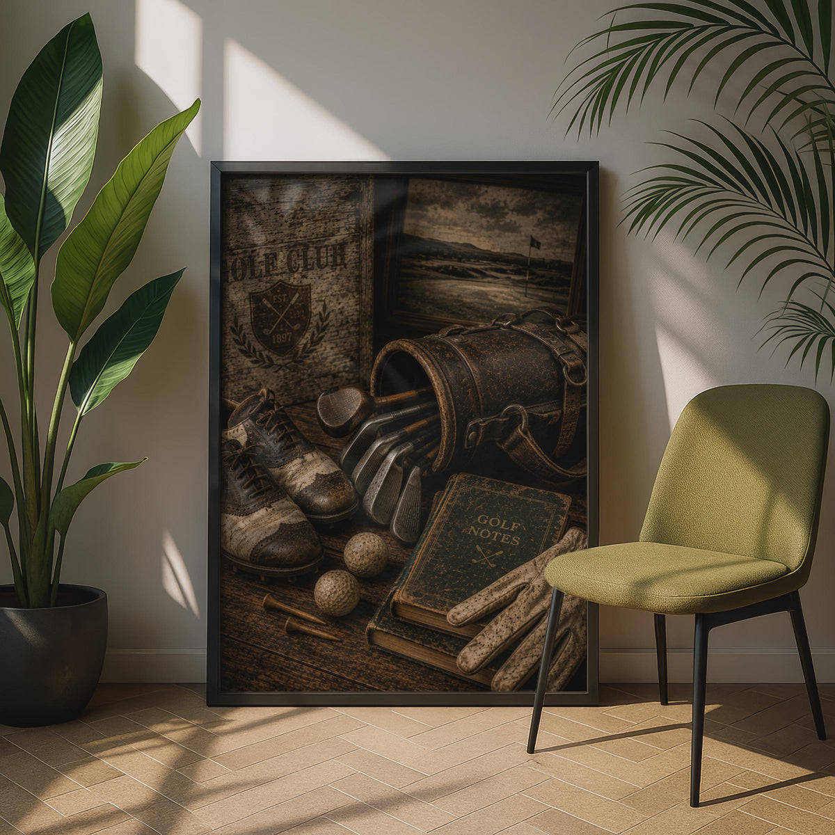 Vintage Golf Poster, Retro Golf Club Still Life Wall Art, Brown Sepia Sports Print