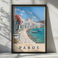 Paros Greece Travel Poster, Greek Island Wall Art, Blue Dome Church, Aegean Sea Print