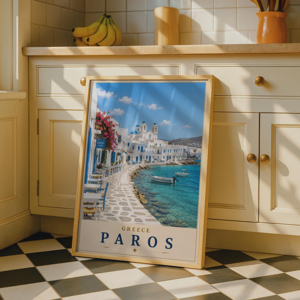 Paros Greece Travel Poster, Greek Island Wall Art, Blue Dome Church, Aegean Sea Print