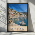 Hydra Greece Travel Poster, Greek Island Harbour Wall Art, Mediterranean Boat Print