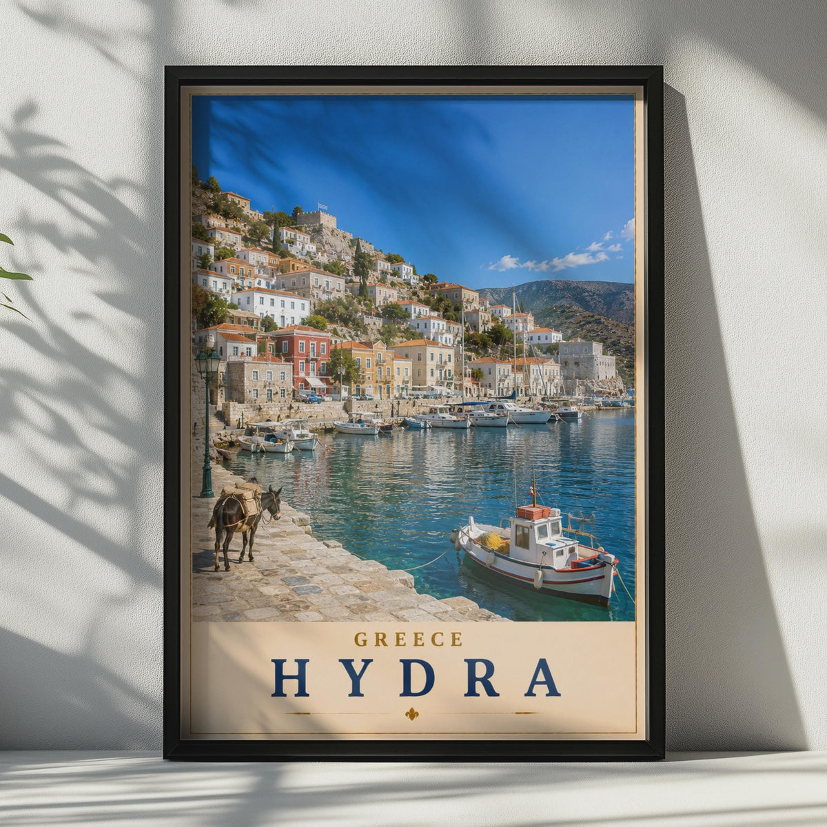 Hydra Greece Travel Poster, Greek Island Harbour Wall Art, Mediterranean Boat Print