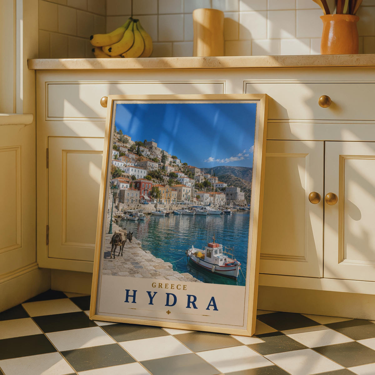 Hydra Greece Travel Poster, Greek Island Harbour Wall Art, Mediterranean Boat Print