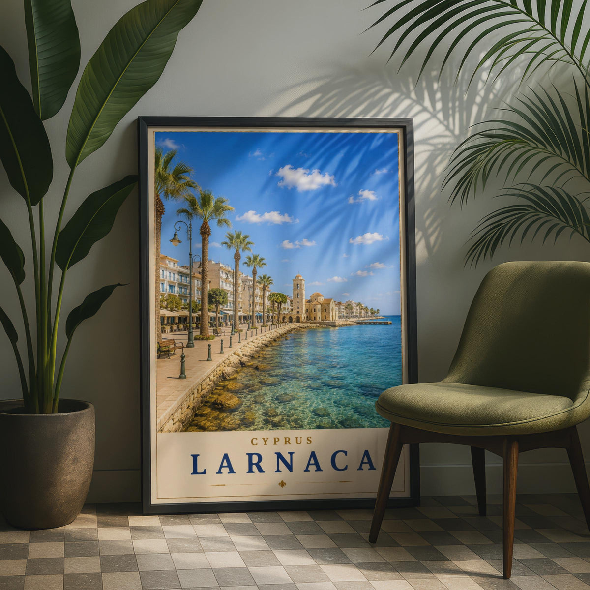 Larnaca Cyprus Travel Poster, Mediterranean Seafront Wall Art, Vintage Style Holiday Print
