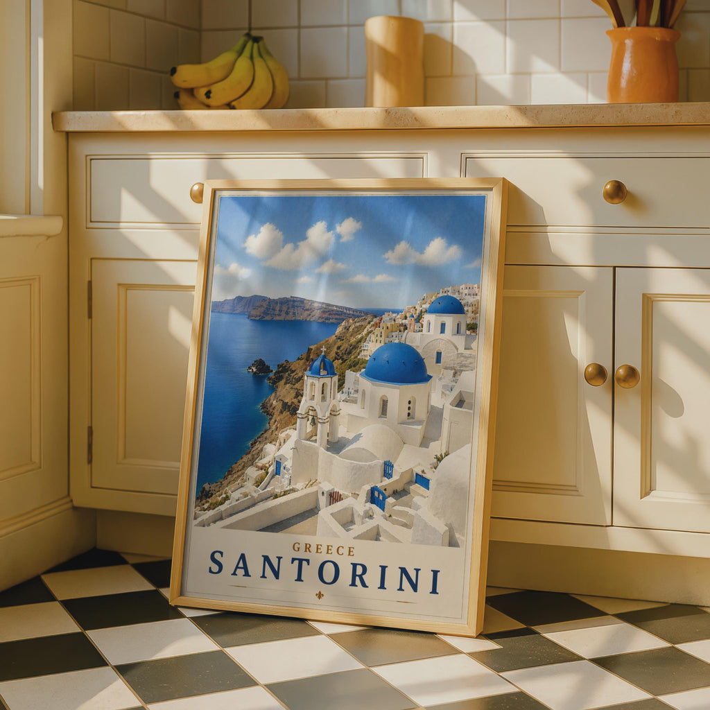 Santorini Greece Travel Poster, Blue Dome Church Wall Art, Oia Greek Island Print