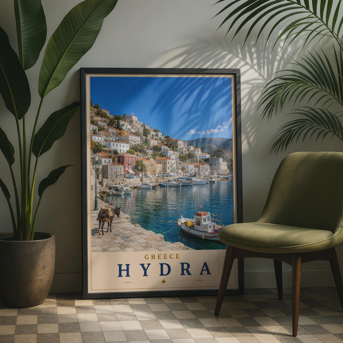 Hydra Greece Travel Poster, Greek Island Harbour Wall Art, Mediterranean Boat Print