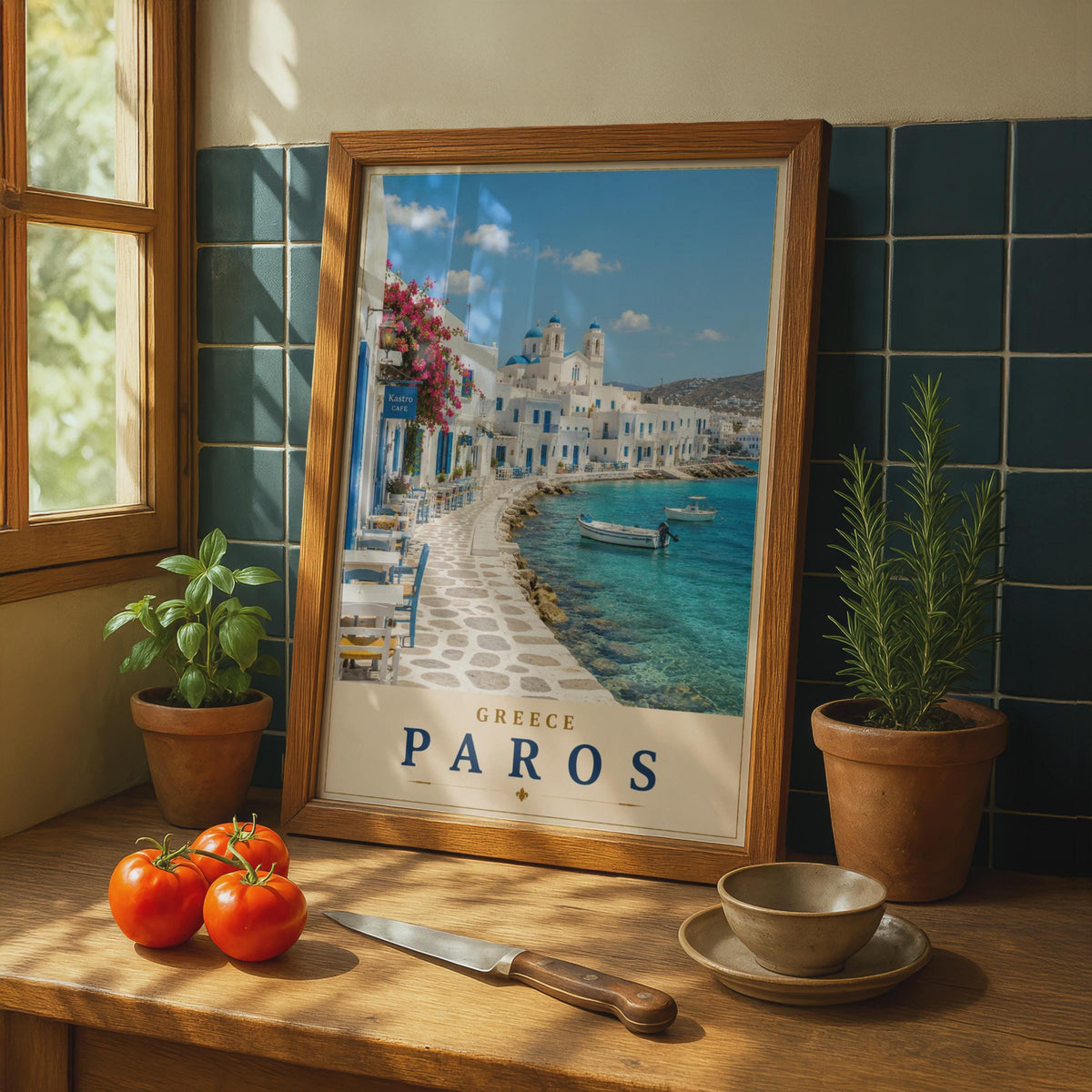 Paros Greece Travel Poster, Greek Island Wall Art, Blue Dome Church, Aegean Sea Print