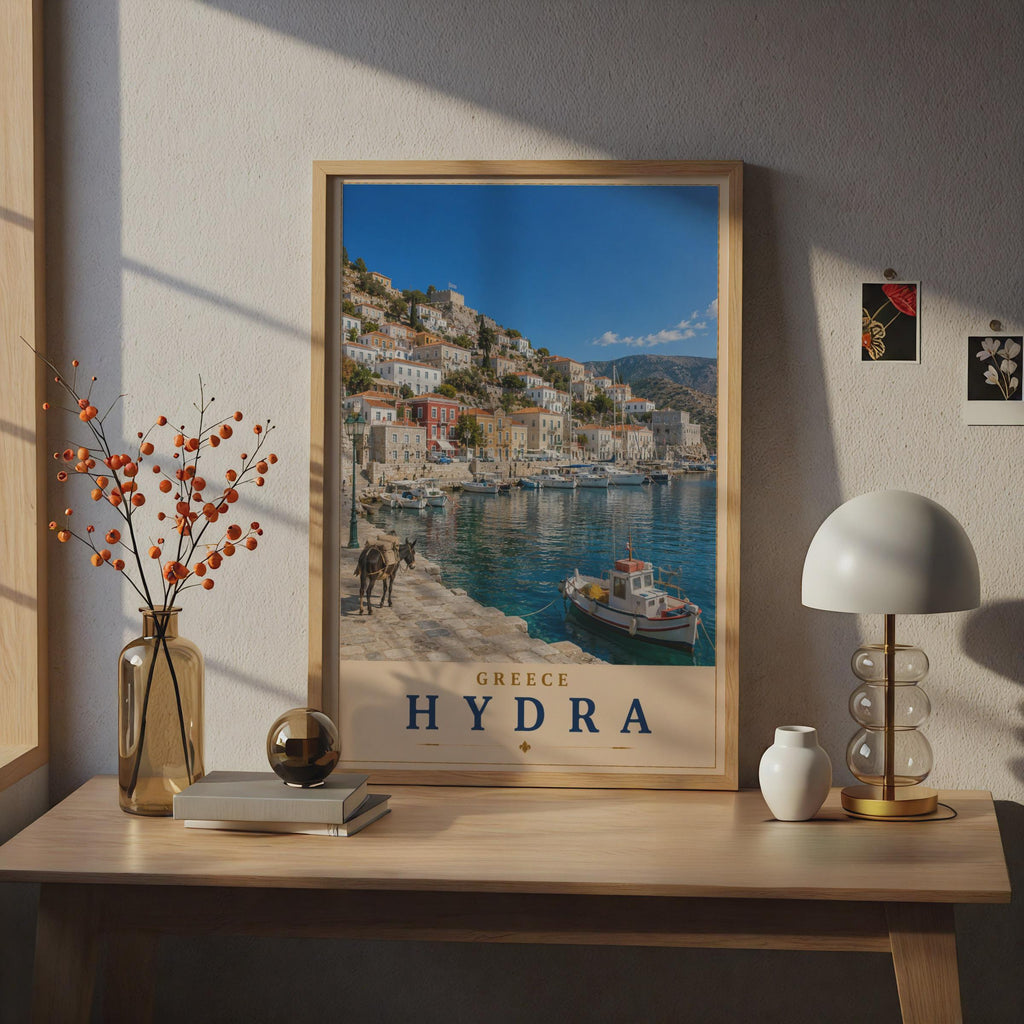 Hydra Greece Travel Poster, Greek Island Harbour Wall Art, Mediterranean Boat Print