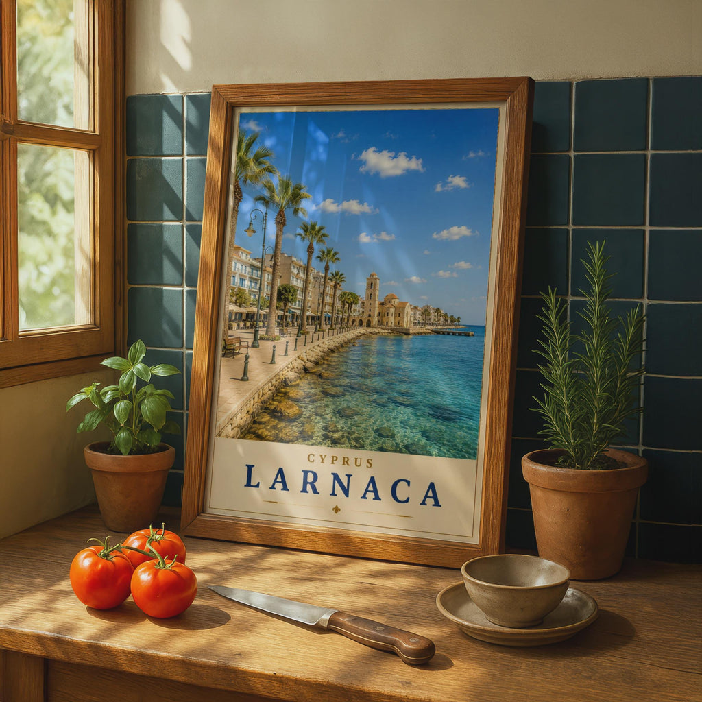 Larnaca Cyprus Travel Poster, Mediterranean Seafront Wall Art, Vintage Style Holiday Print