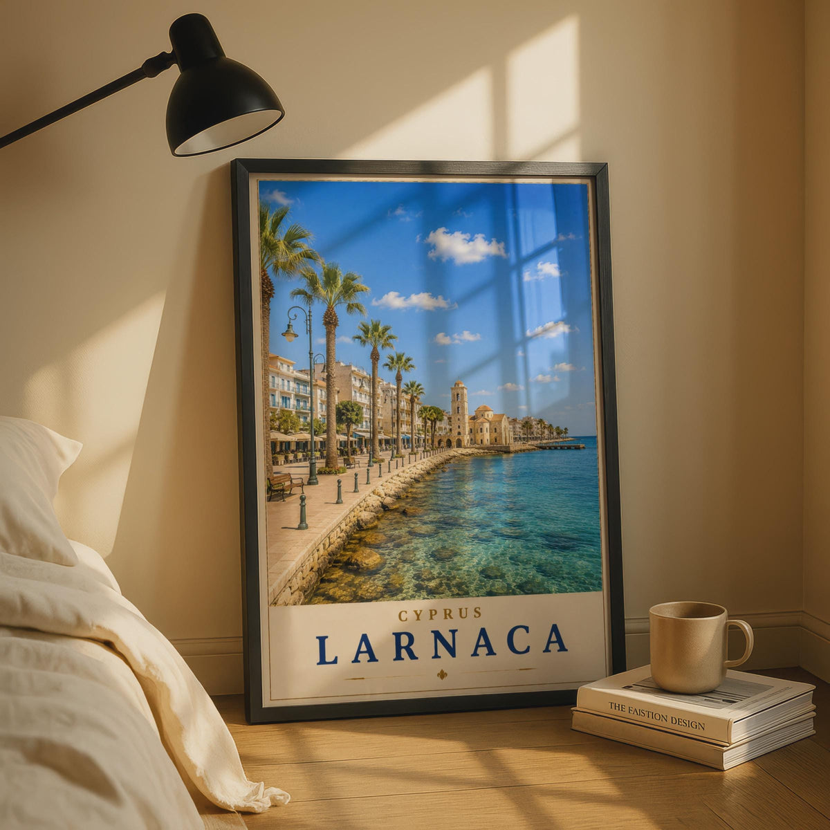 Larnaca Cyprus Travel Poster, Mediterranean Seafront Wall Art, Vintage Style Holiday Print