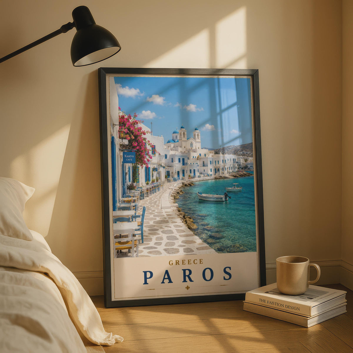 Paros Greece Travel Poster, Greek Island Wall Art, Blue Dome Church, Aegean Sea Print