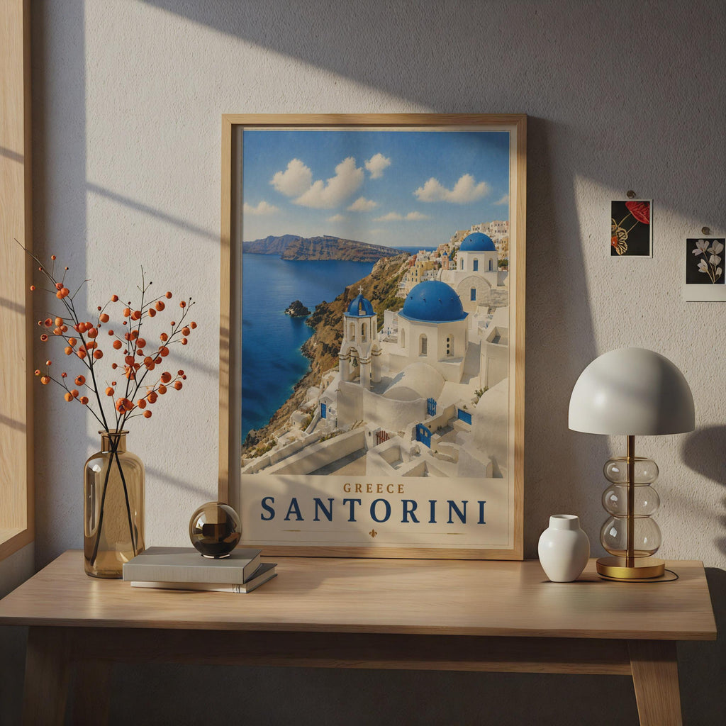 Santorini Greece Travel Poster, Blue Dome Church Wall Art, Oia Greek Island Print